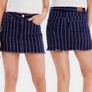 American Eagle AEO Stretch High Rise Striped Denim Raw Hem Mini Skirt